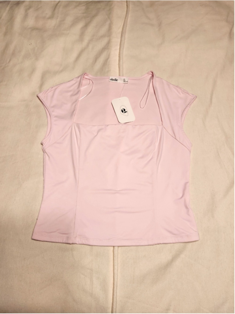 Elodie Square Neck Cap Sleeve Knit Crop Fitted Blouse Top Light Pink Large - Picture 5 of 7